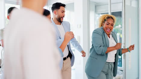 dance, office and people celebration
