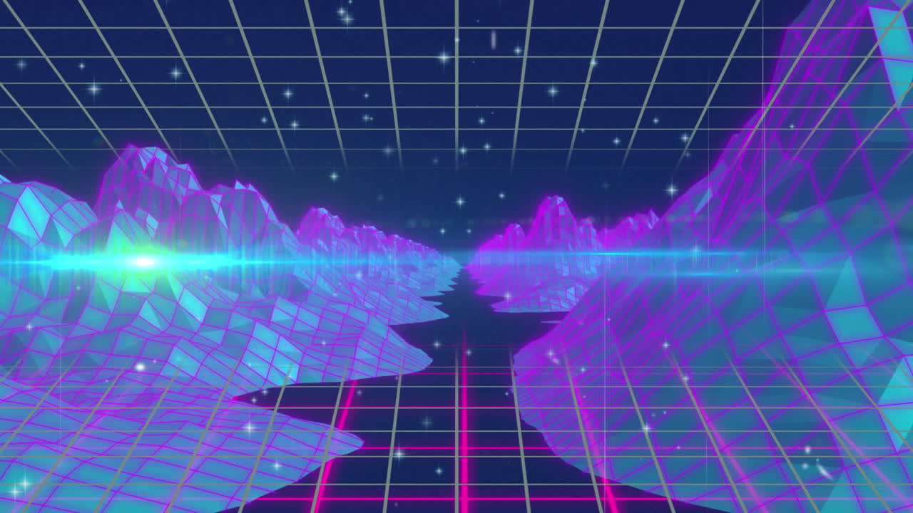 푸른 배경에 있는 그리드 네트워크 위의 메타버스 구조 위에 반이는 별들의 애니메이션