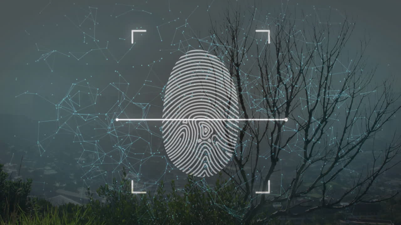 Digital fingerprint overlay hovering above foggy hillside, showing scanning line and network nodes