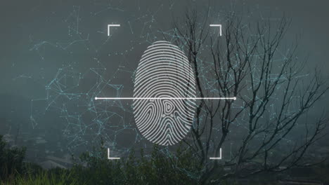 digital fingerprint overlay hovering above foggy hillside, showing scanning line and network nodes