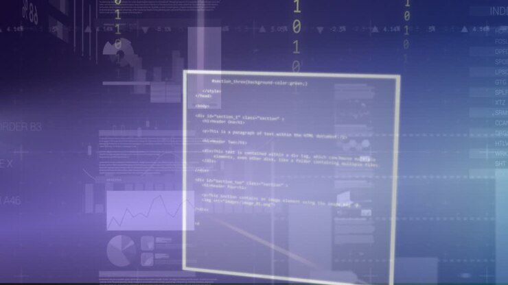 Animation of financial data processing over screens on dark background