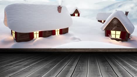 Animation-of-snow-falling-over-winter-landscape-and-wooden-board-surface