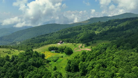 volando sobre la cabaña de la montaña en la montaña verde