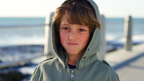 face, happy or child at a beach with freedom