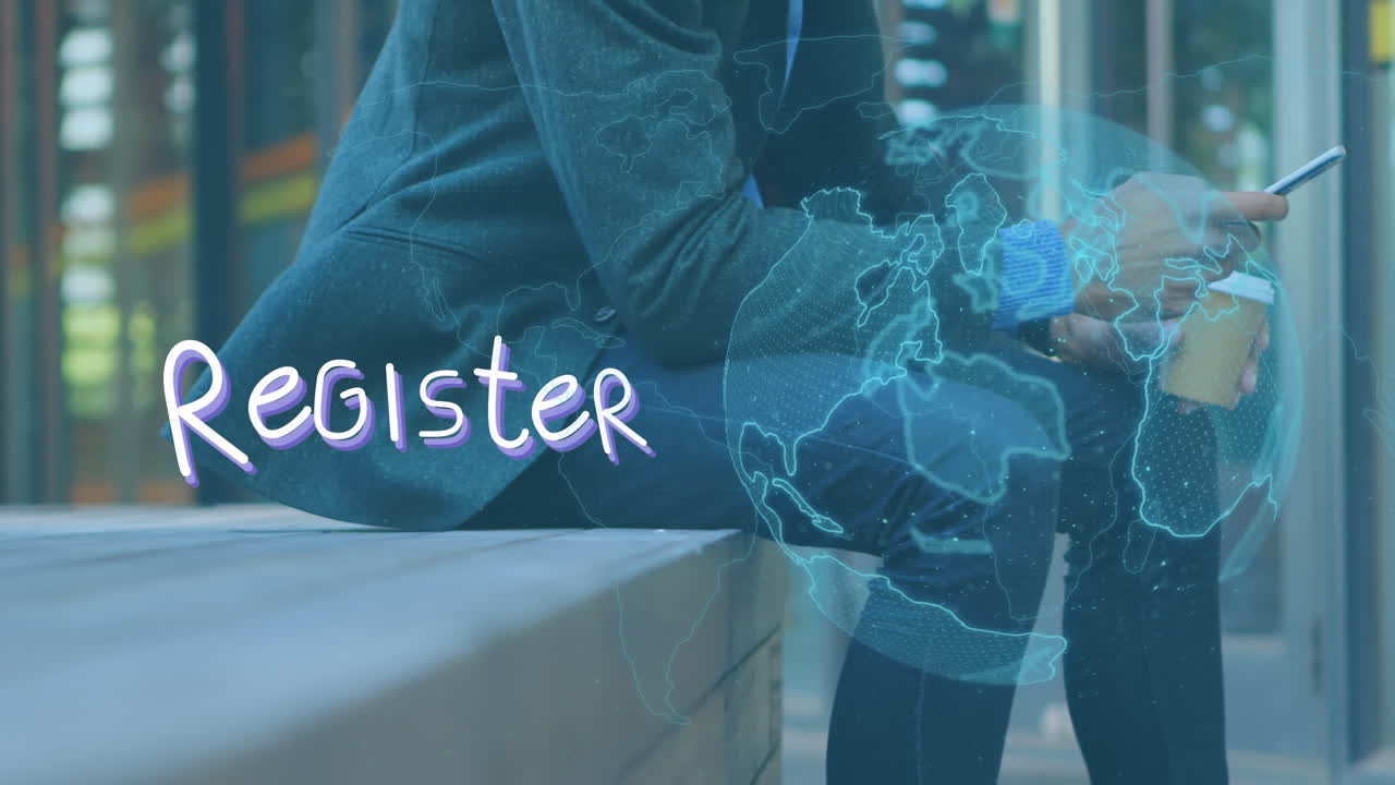 animación de texto de registro y globo sobre empresario caucásico usando teléfono inteligente.
