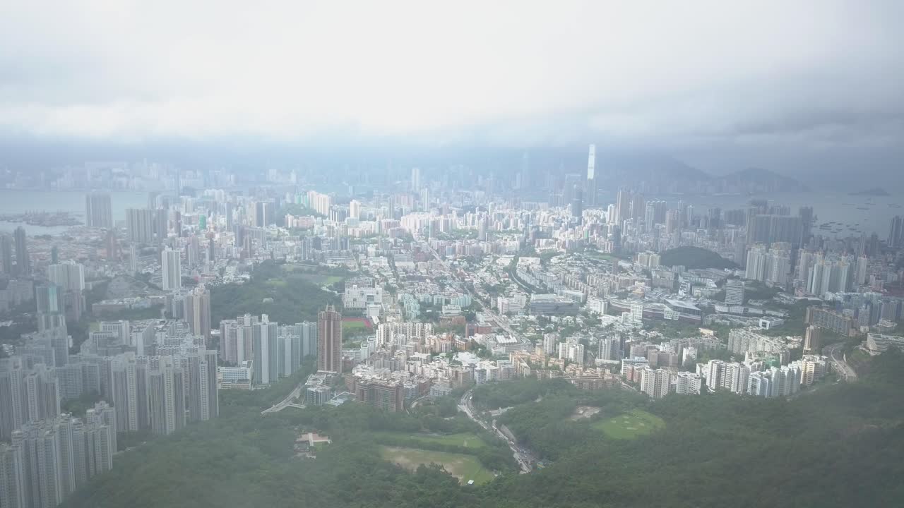 Static aerial view of Hong Kong city