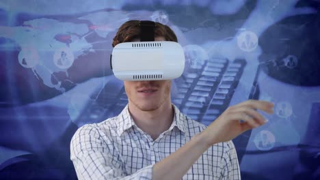 animación de un hombre con auriculares vr y redes de conexiones con un mapa del mundo sobre fondo azul