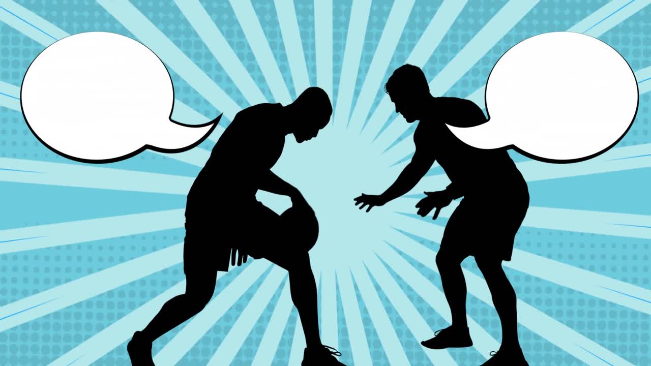 파란색 배경에 모양 위에 음성 거품과 함께 농구 선수 실루의 애니메이션