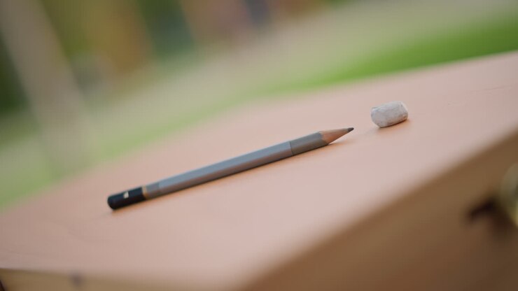 outdoor wooden case with pencil eraser, closeup of leather handle and metal latch on portable sketch case, shallow depth of field, soft bokeh background, green park grass blurred, warm afternoon