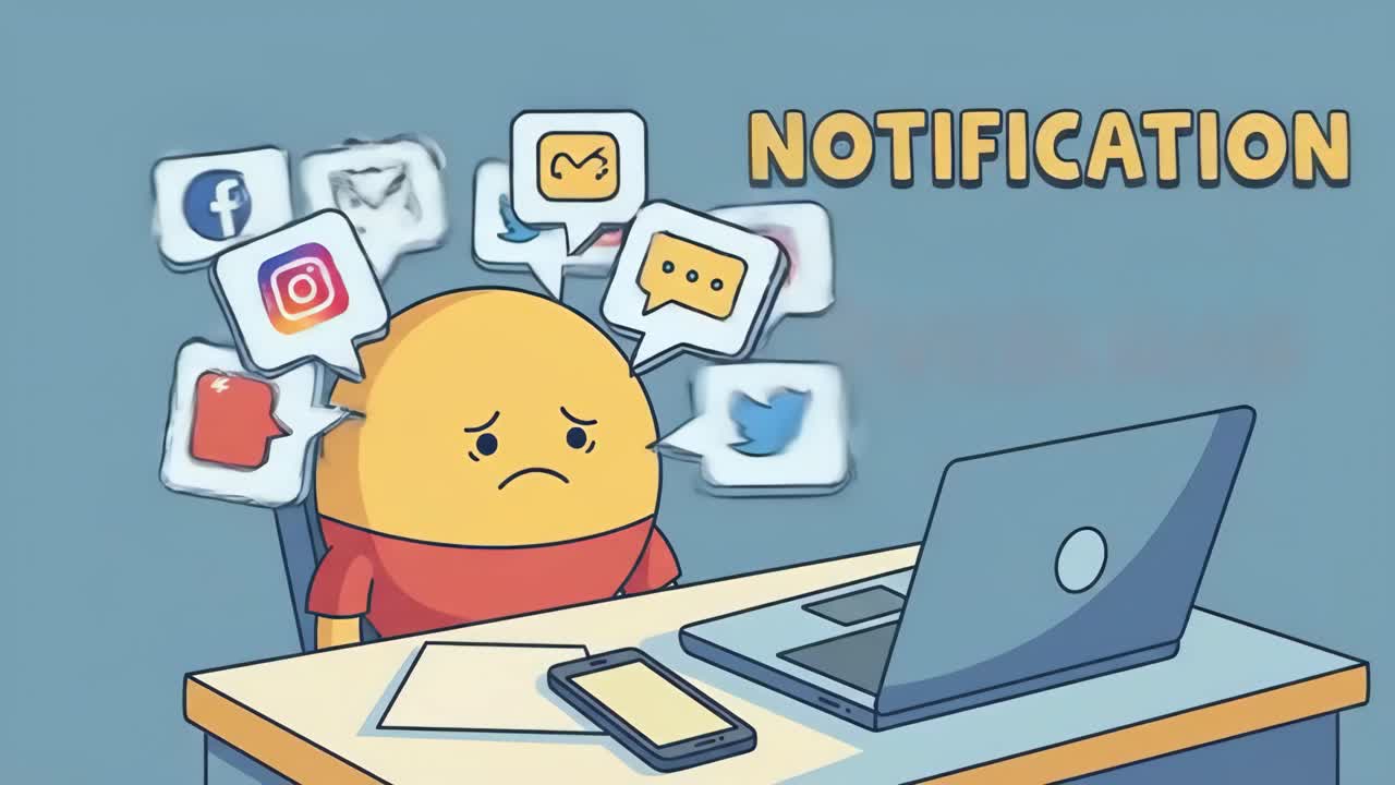 Animated Character Overwhelmed by Digital Notification Overload