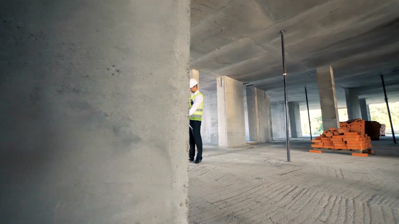 건물의 360도 영상과 그 중간에 서 있는 남성 엔지니어.