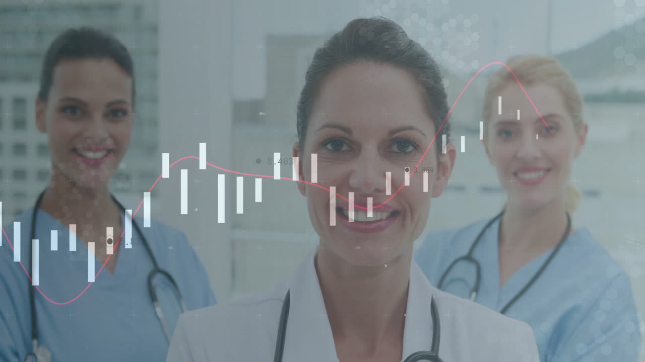 Processing financial data, healthcare professionals smiling with animation overlay