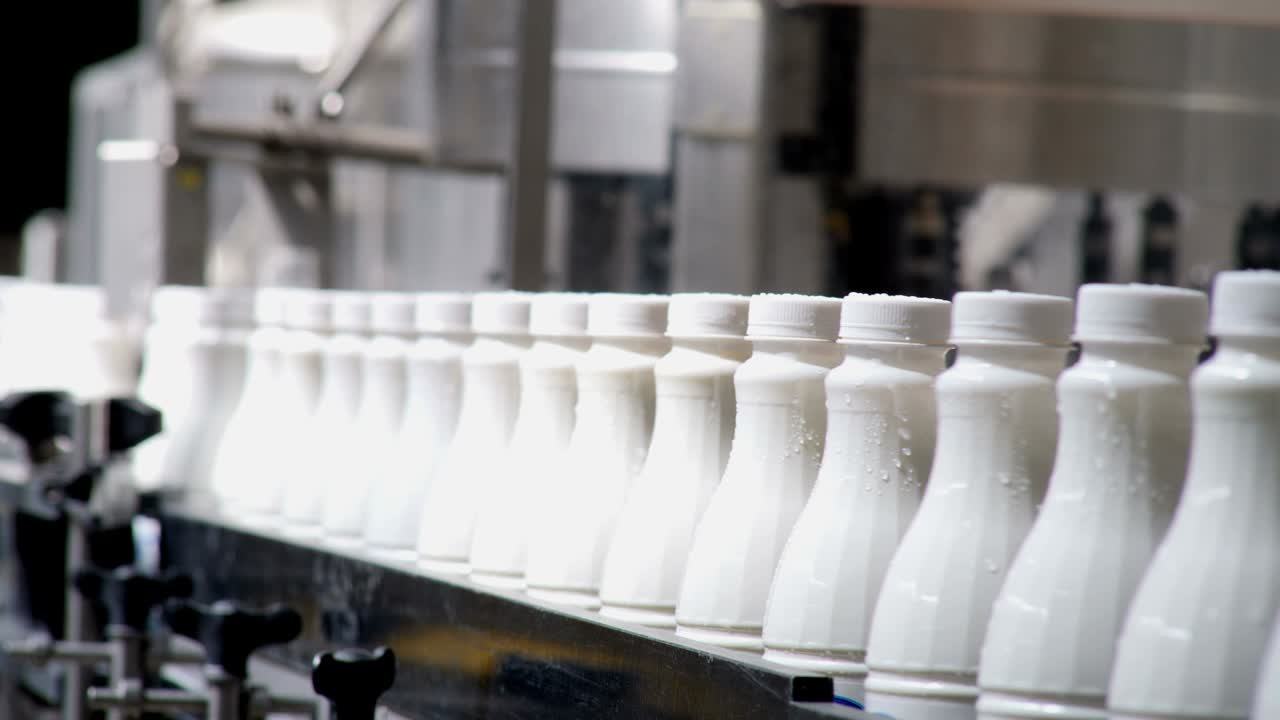imágenes de botellas de leche de plástico blancas clasificadas en la línea de producción y avanzando en una compañía lechera