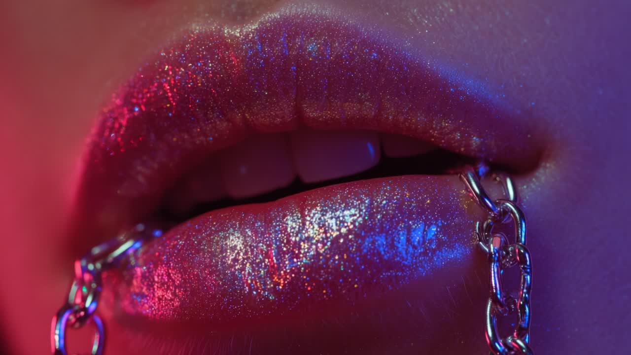 Close-Up Shot of Glamorous Lips with Glittery Shine and Chain Accessory, Captured in Vibrant Colors and Evocative Lighting Showcasing a Unique Aesthetic and Artistic Expression
