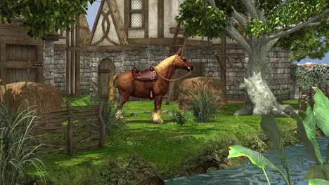 animated video where a horse standing and eating grass under the shade of tree near the running water