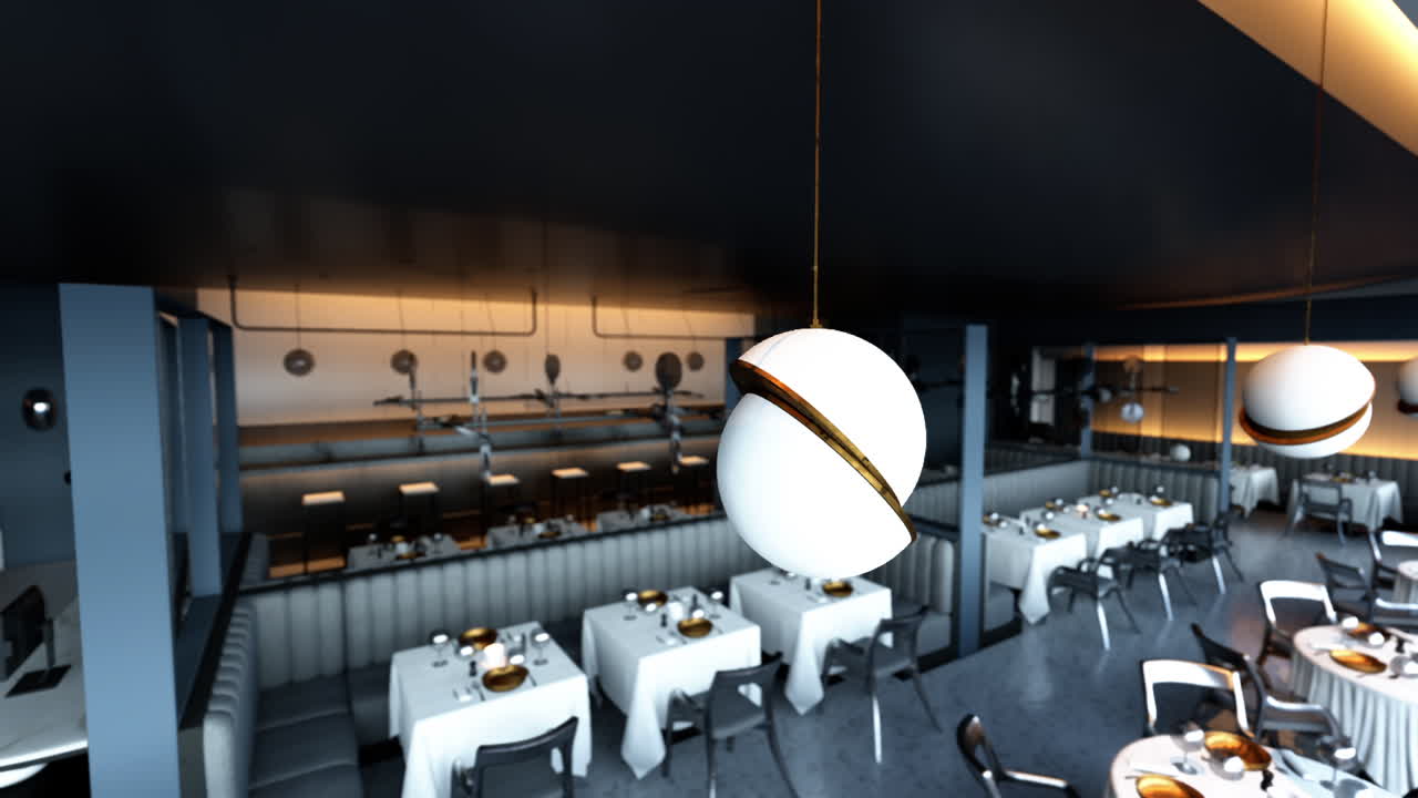 하 테이블클로프와 금색 센트가 있는 현대적인 레스토랑 인테리어