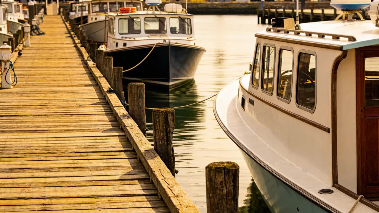Holding steady camera wooden pier running along marina pilings white cabin boat bobbing, copy space