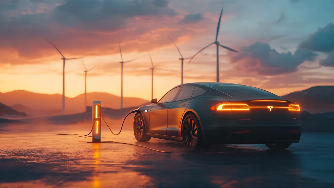 Electric Car Charging at a Wind Farm at Sunset