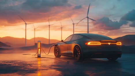 Electric Car Charging at a Wind Farm at Sunset