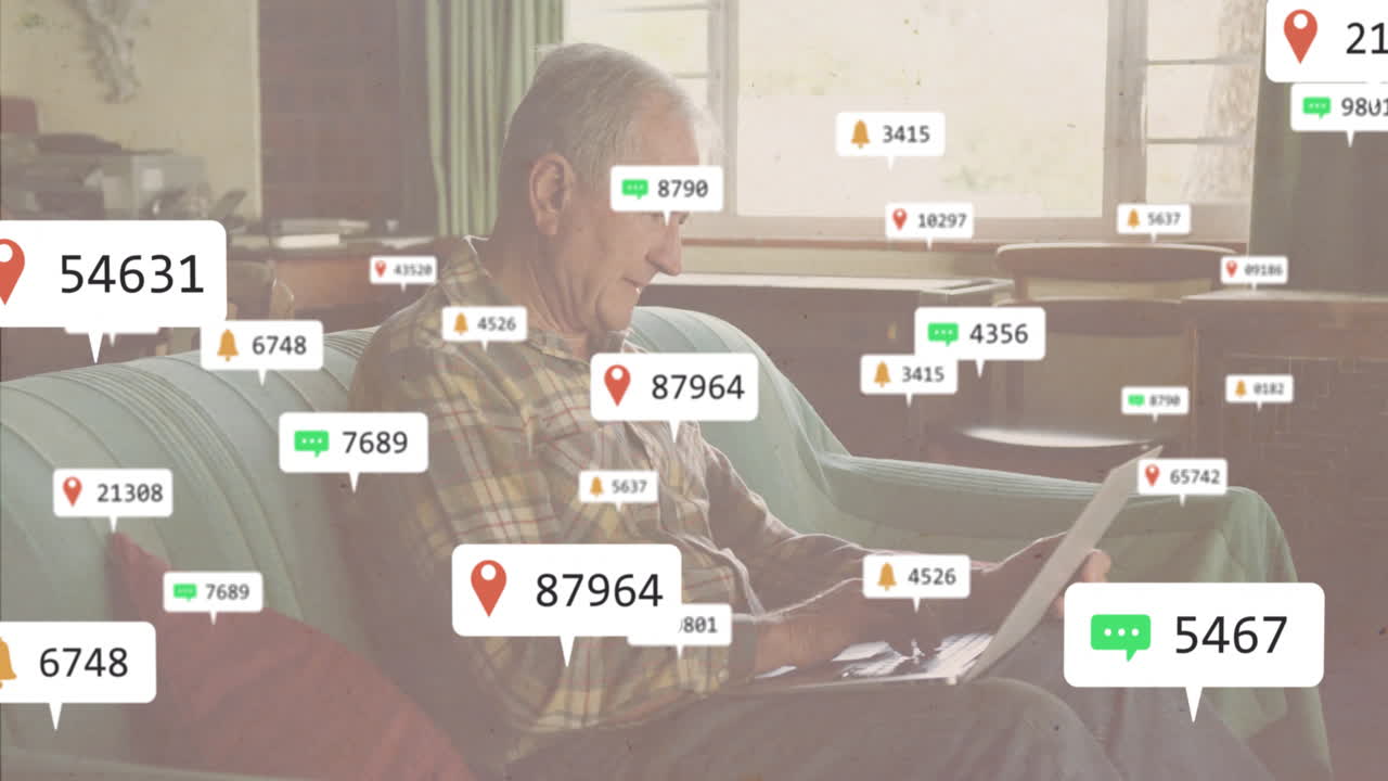 Using laptop, elderly man in school with animation of location and notifications