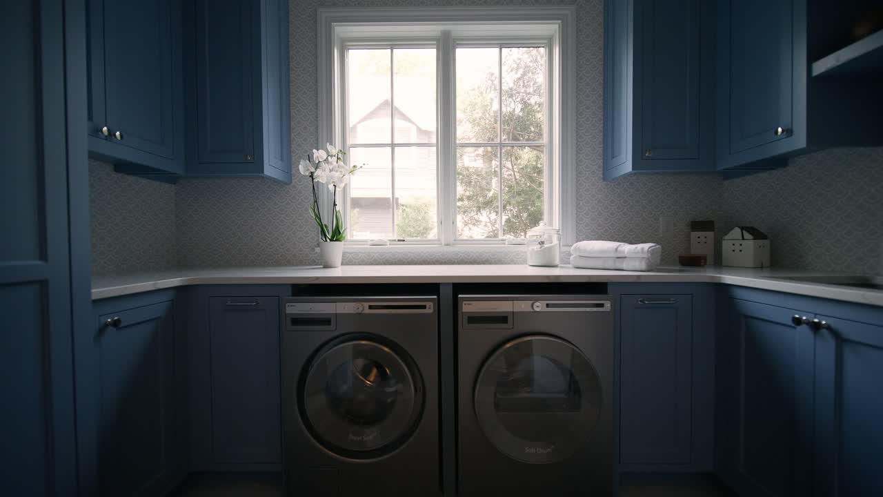Push in shot of blue laundry room with orchid plant by window