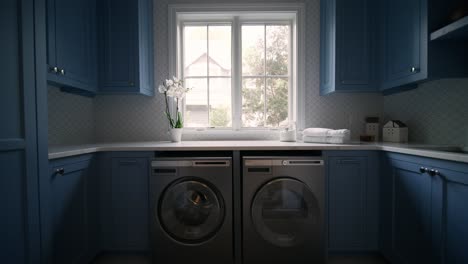 Push-in-shot-of-blue-laundry-room-with-orchid-plant-by-window