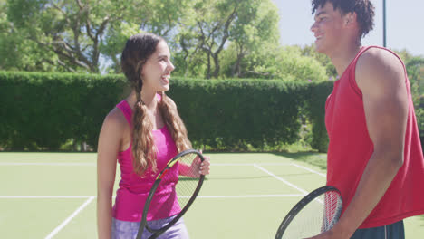 portrait of happy biracial couple with tennis rackets in garden on sunny day