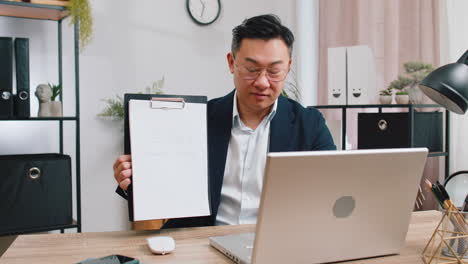 asian office businessman freelancer making online presentation video laptop call education lessons