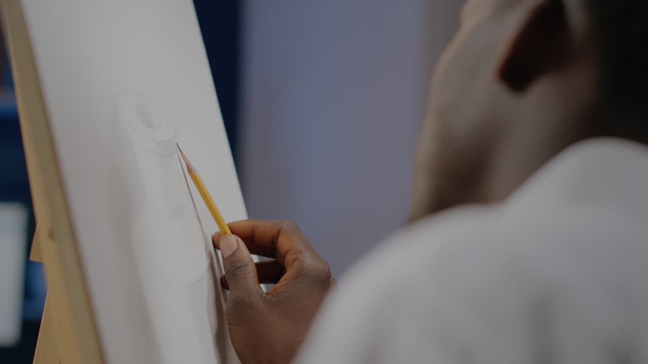 Close up of african ethnicity person drawing vase with pencil