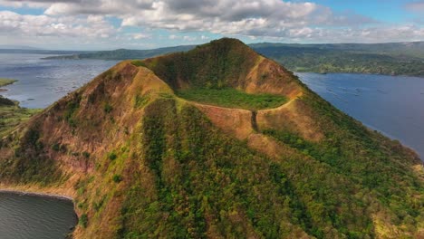 Taal-Volcano-Crater-lighting-in-sunlight-with-Taal-Lake-and-Fishing-cages-in-background