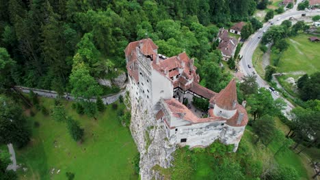 aerial drone footage of the famous dracula bran castle in romania