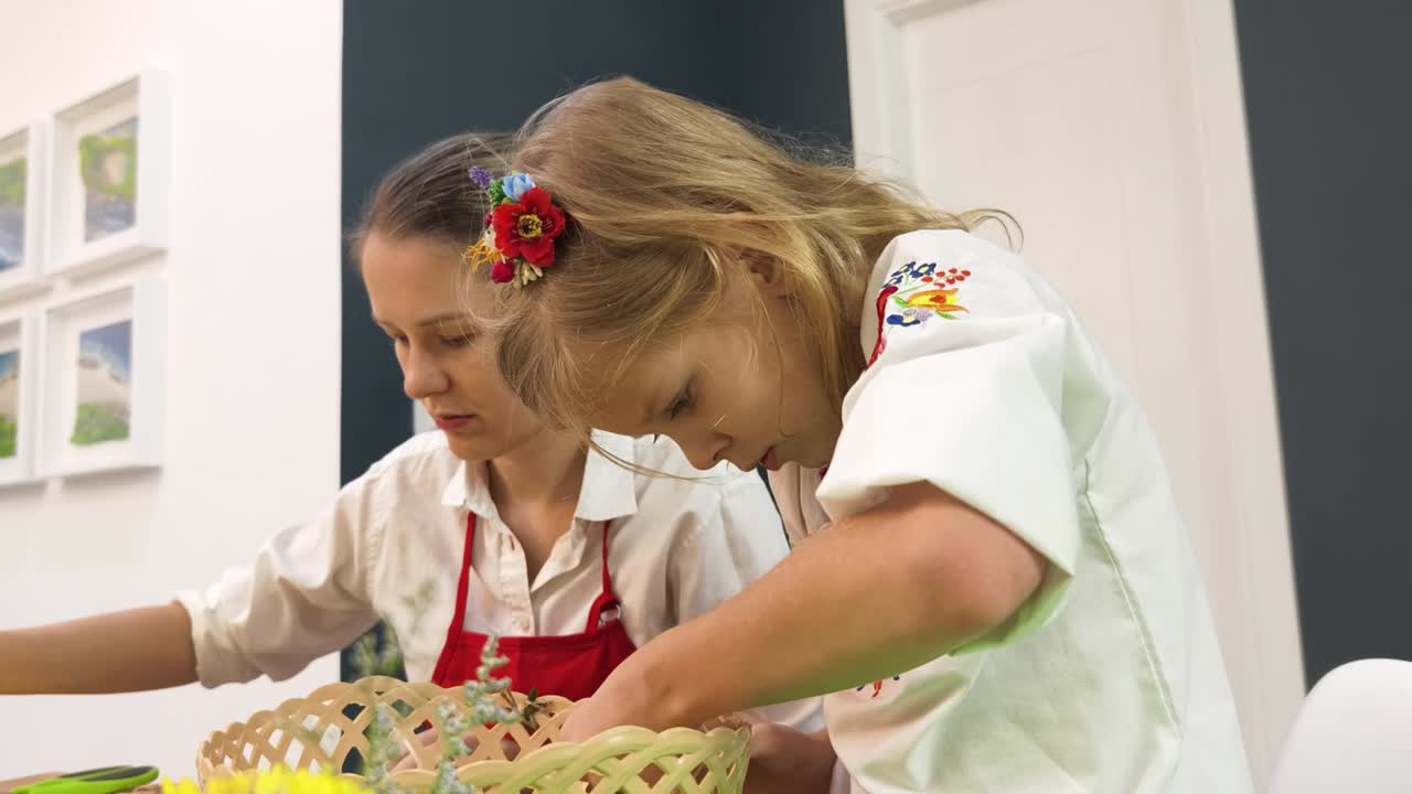 Children Crafting with Flowers and Baskets