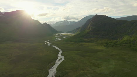 Sunset-at-Jotunheim-valley-scenic-Viking-landscape-in-Norway,-aerial