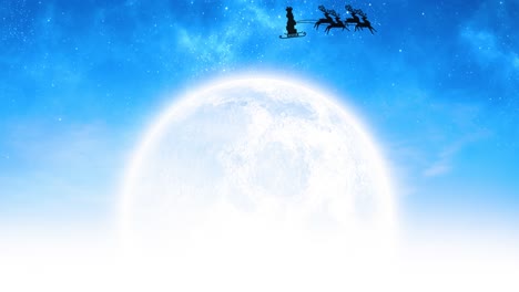 Animation-of-santa-claus-in-sleigh-with-reindeer-over-moon-and-sky