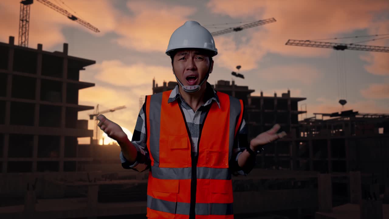 Wondering Asian Male Engineer With Safety Helmet Saying Why Working Doubtfully At Building & Construction Site in Progress to New House