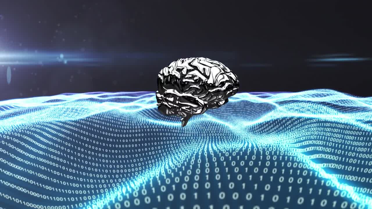 Animation of 3d human brain model spinning with terrain made of numbers