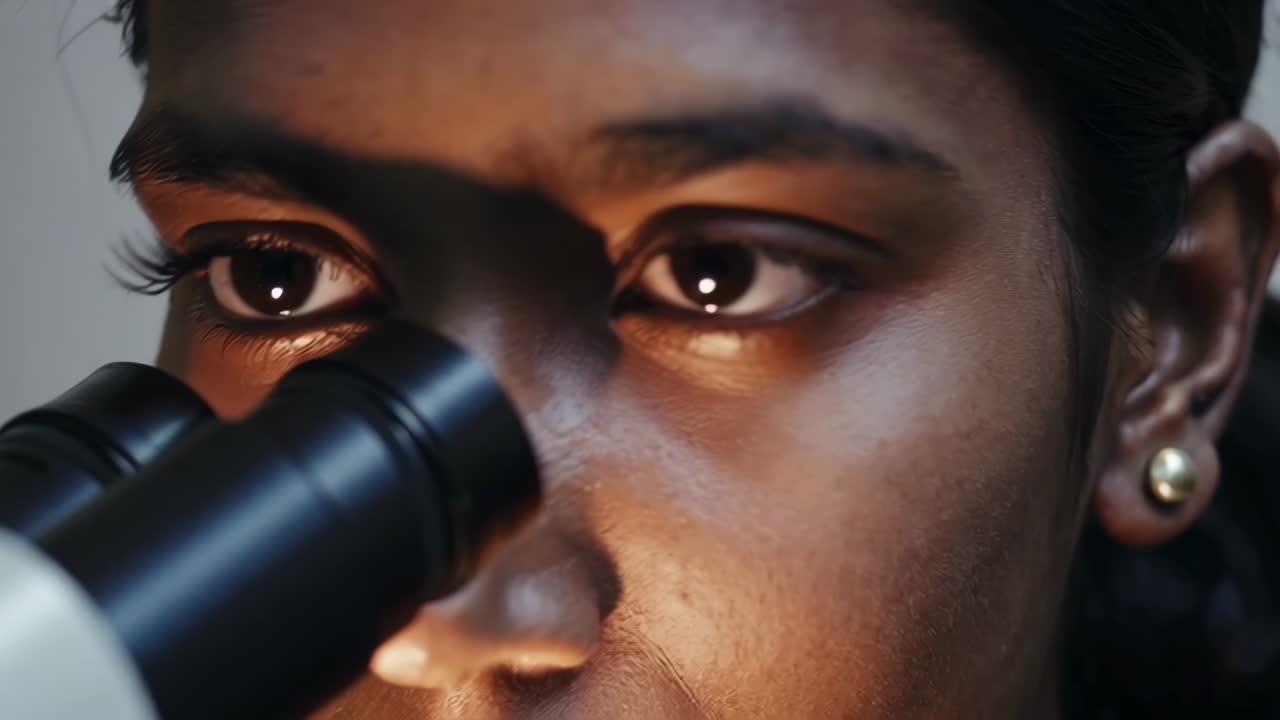 Close-up of a Person Using a Microscope