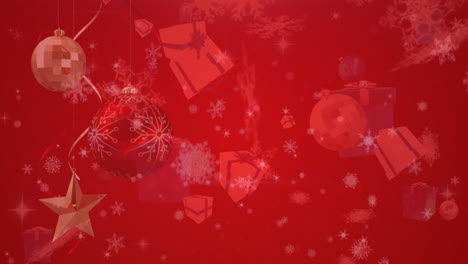 animación de regalos de navidad, bolas y nieve cayendo sobre fondo bokeh con filtro rojo