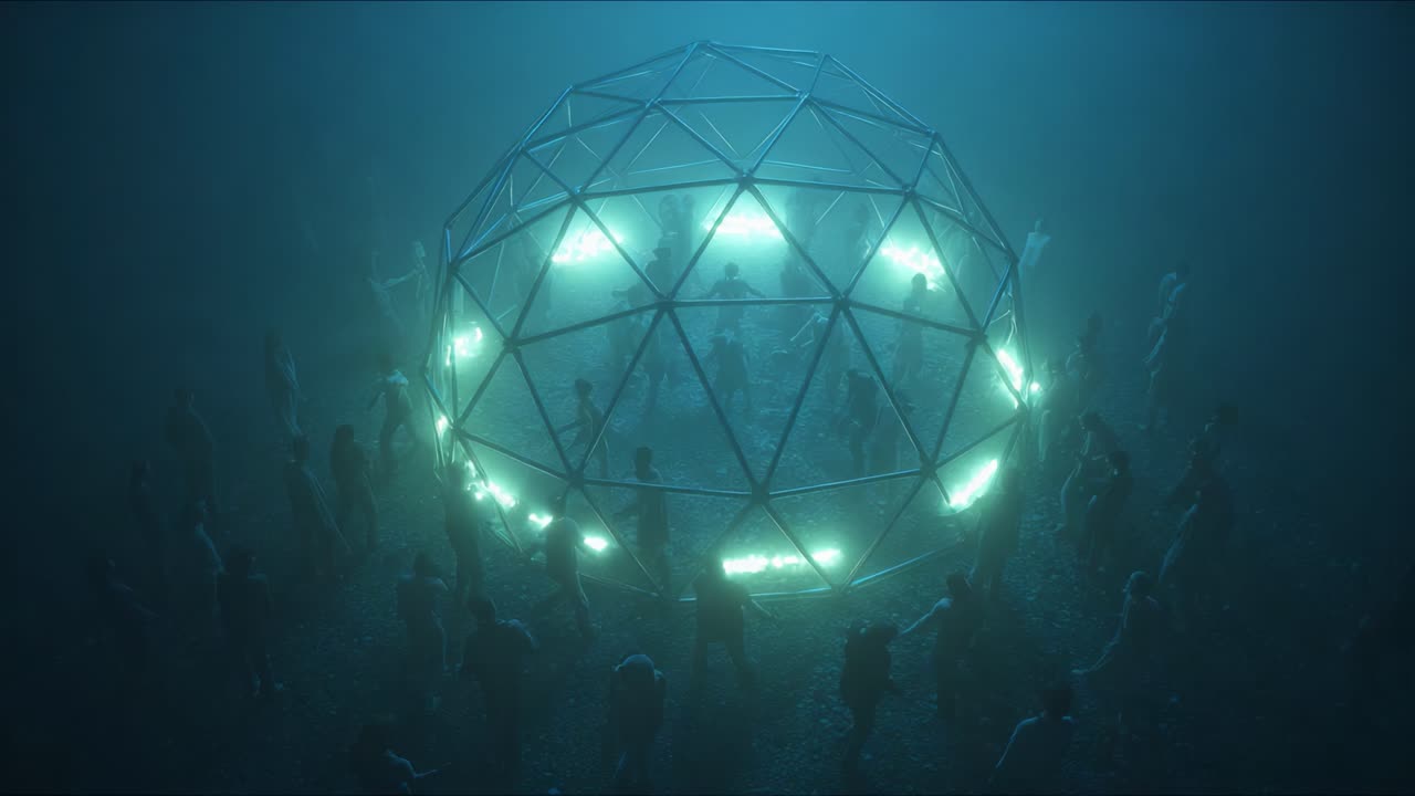Una scena ipnotica ed eterea raffigurante una struttura a cupola circondata da una folla rapita illuminata da soffici luci splendenti in un'atmosfera nebbiosa, creando un'atmosfera surreale