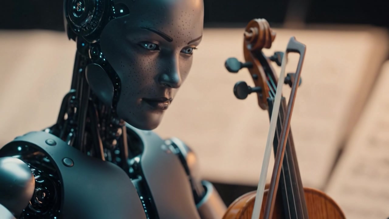A robotic musician skillfully plays a violin, showcasing intricate mechanical design, artistry, and the fusion of technology with classical music in stunning detail.