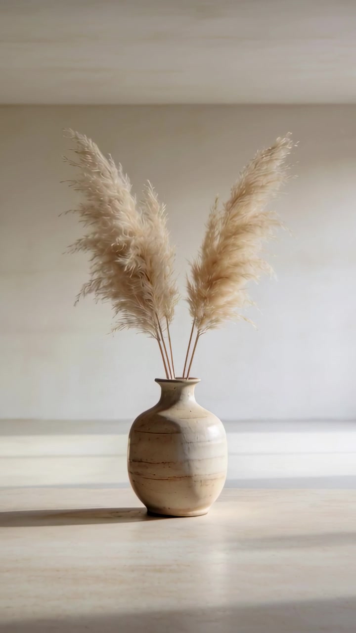 Vertical video: Shifting soft light nudging pampas on beige vase settling on table, shadow growing