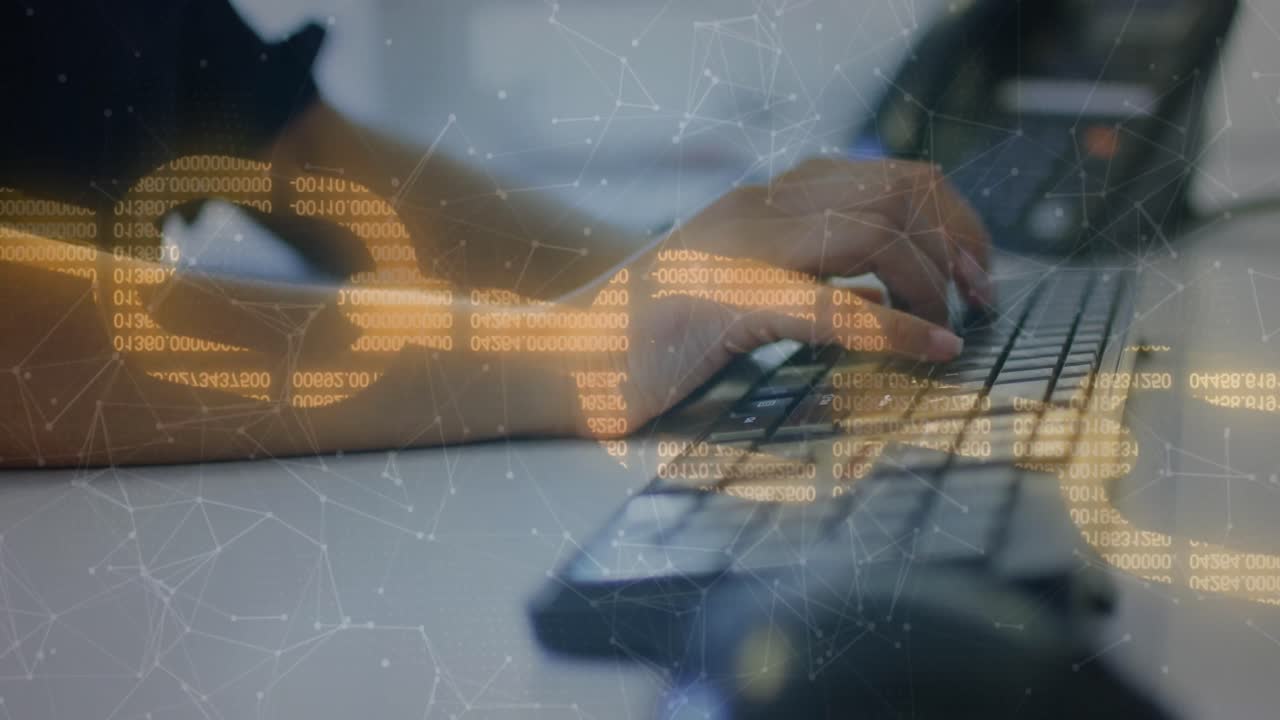 cadena digital y red de conexiones contra la persona que escribe en el teclado