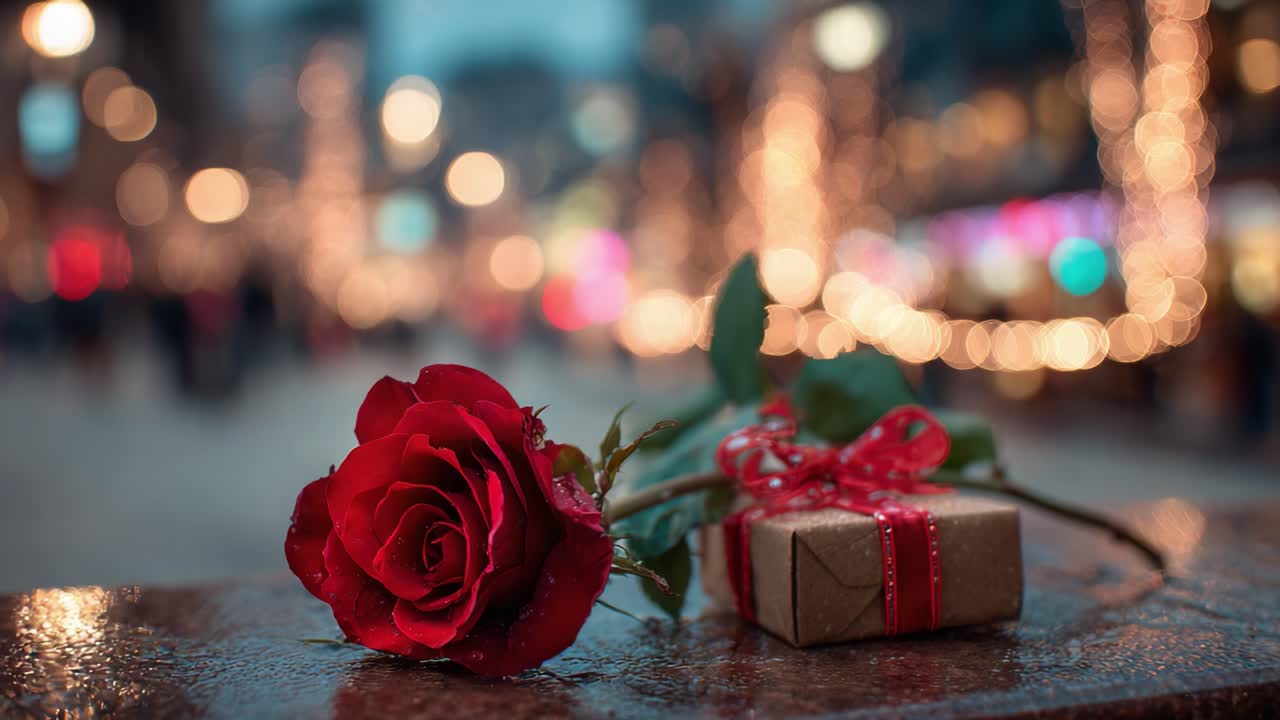 A Romantic Scene Featuring a Single Red Rose and a Gift Box Adorned with a Bow, Set Against a Beautifully Lit Background of Blurred Lights in an Evening Atmosphere