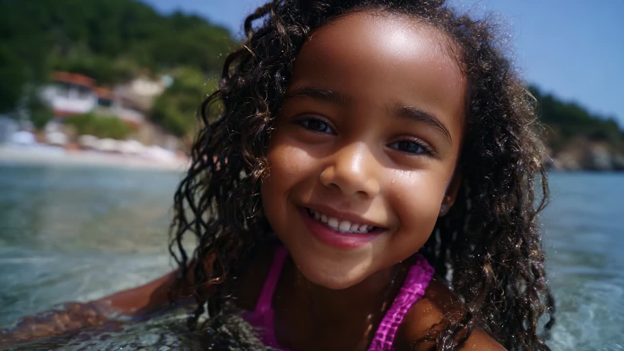 A joyful young girl with curly hair beams brightly while enjoying a sunny day at the beach, playfully splashing in the crystal-clear water, radiating happiness and carefree moments of childhood