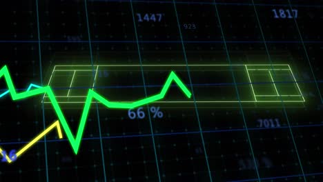 animación del estadio de neón sobre procesamiento de datos en fondo negro