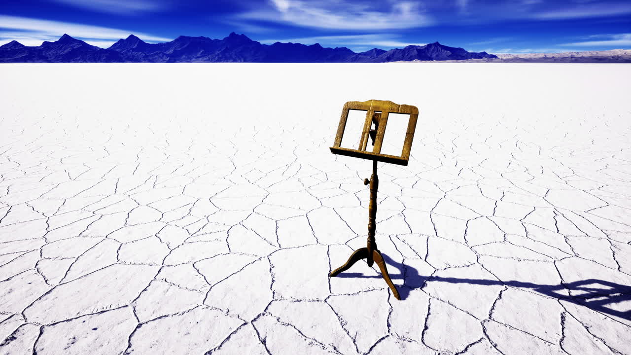 Lonely music stand stands tall on the vast salt flats under bright blue skies