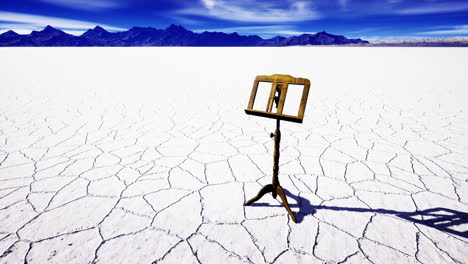 Lonely music stand stands tall on the vast salt flats under bright blue skies