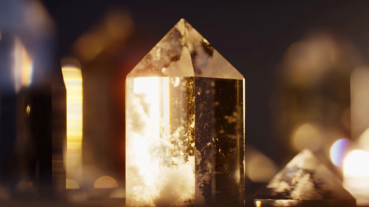Prisma de cristal facetado brilha com reflexos dourados brilhantes contra um fundo abstrato escuro, cercado por bokeh suave, textura translúcida brilhante e luz âmbar quente e elegante