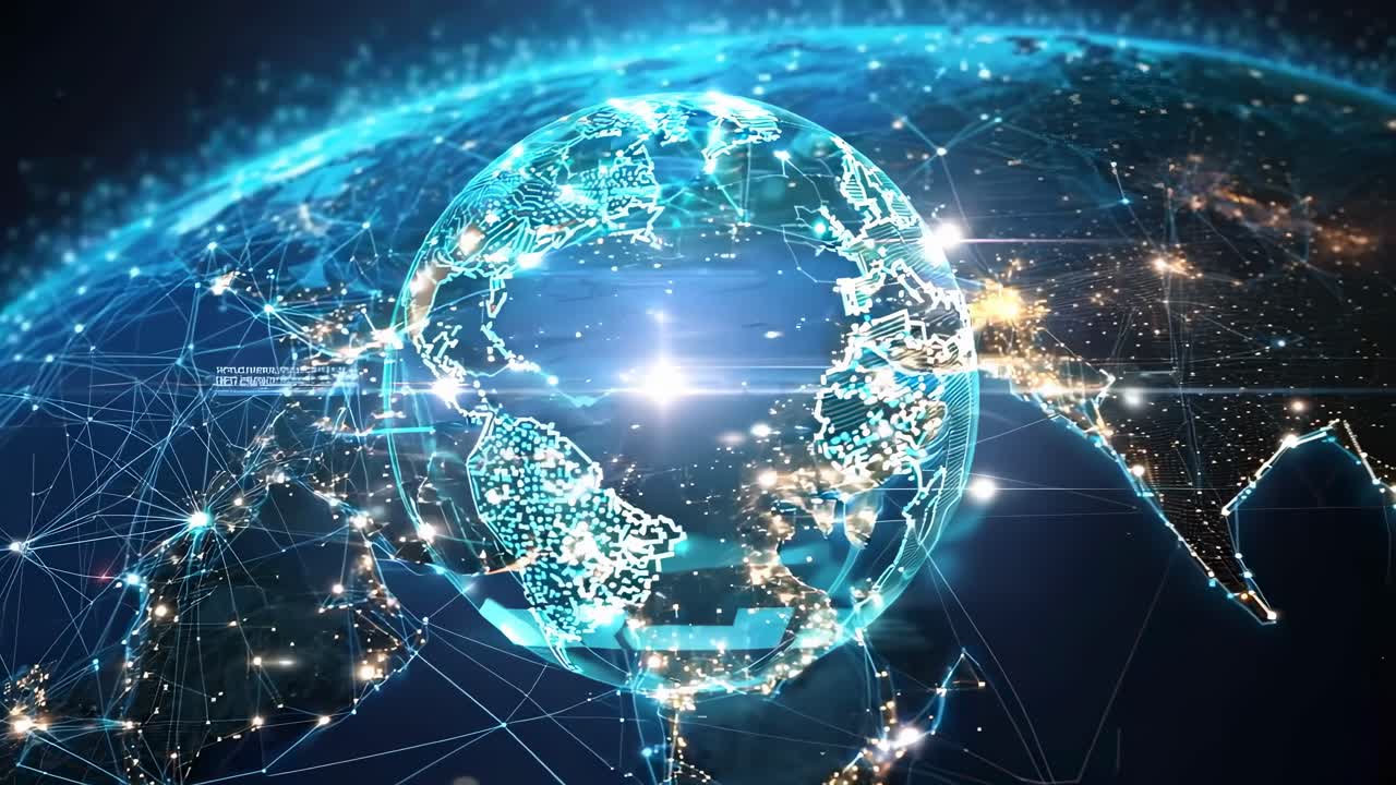 Aerial view of Earth at night with glowing city lights and digital network lines