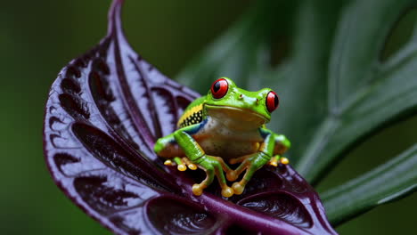 red-eyed tree frog perched on a purple leaf